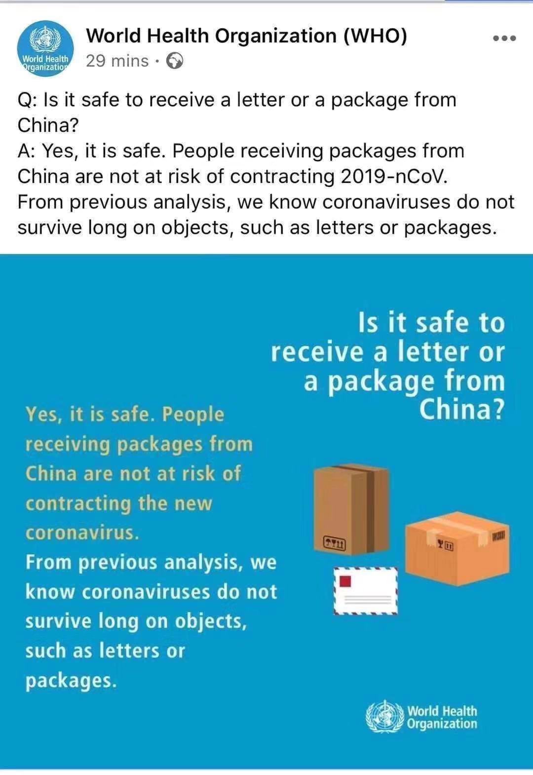 Is it safe to receive a letter or a package from China?